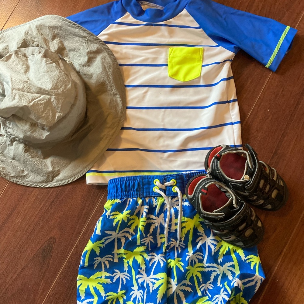 Boys Two Piece Swim Suit, sun hat and sandals